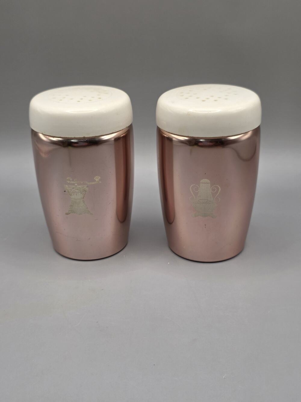 Vintage West Bend Copper Aluminum Salt and Pepper Shakers White Lids MCM Retro